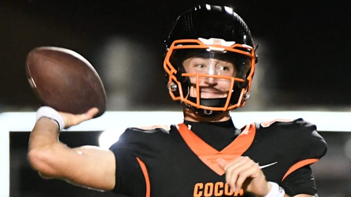 Brady Hart of Cocoa Tigers passes against Rockledge in the annual Barbecue Bowl Friday, November 1, 2024. Craig Bailey/FLORIDA TODAY via USA TODAY NETWORK