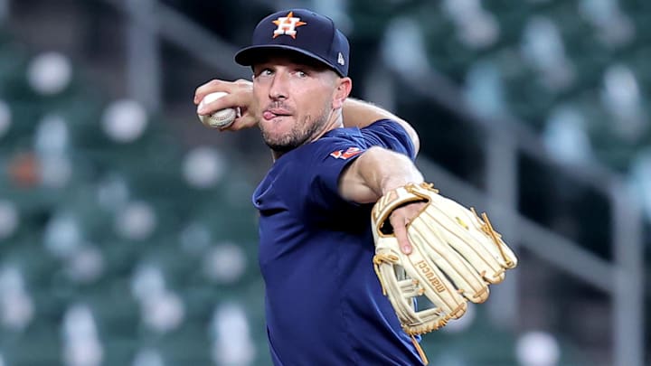 May 4, 2024; Houston, Texas, USA; Houston Astros third baseman Alex Bregman (2) warms up prior to the game against the Seattle Mariners at Minute Maid Park May 4, 2024; Houston, Texas, USA; Houston Astros third baseman Alex Bregman (2) warms up prior to the game against the Seattle Mariners at Minute Maid Park