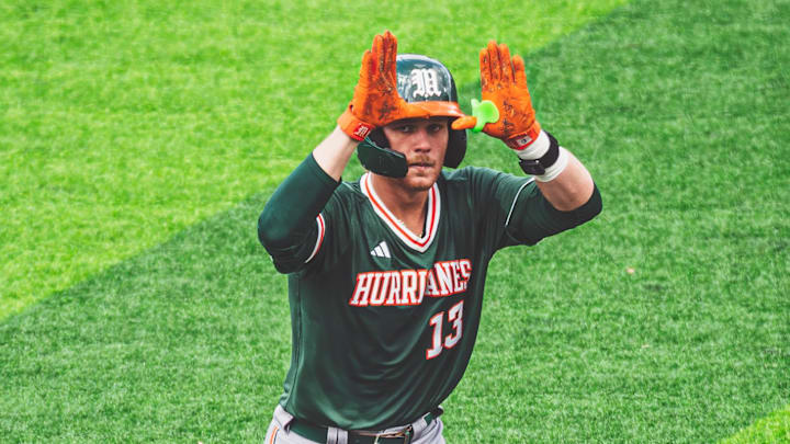 Miami catcher Alex Sosa after a home run to take the lead against the Duke Blue Devils.