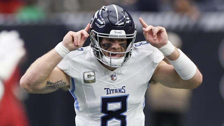 Nov 24, 2024; Houston, Texas, USA; Tennessee Titans quarterback Will Levis (8) calls an audible against the Houston Texans in the first quarter at NRG Stadium. Mandatory Credit: Thomas Shea-Imagn Images