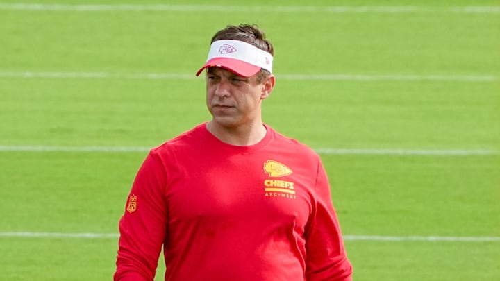 Jul 22, 2025; St. Joseph, MO, USA; Kansas City Chiefs general manager Brett Veach on field during training camp at Missouri Western State University. Mandatory Credit: Denny Medley-Imagn Images