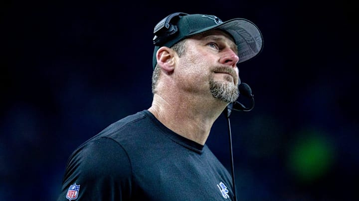 Detroit Lions head coach Dan Campbell looks up at the scoreboard after a play against the Minnesota Vikings at Ford Field in Detroit on Sunday, Jan. 7, 2024