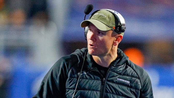 Nov 9, 2024; Boise, Idaho, USA; Boise State Broncos head coach Spencer Danielson reacts during the second half against the Nevada Wolf Pack at Albertsons Stadium. Boise State won 28-21. Mandatory Credit: Brian Losness-Imagn Images Nov 9, 2024; Boise, Idaho, USA; Boise State Broncos head coach Spencer Danielson reacts during the second half against the Nevada Wolf Pack at Albertsons Stadium. Boise State won 28-21. Mandatory Credit: Brian Losness-Imagn Images