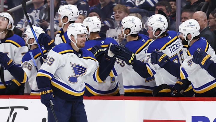 Apr 7, 2025; Winnipeg, Manitoba, CAN; St. Louis Blues left wing Pavel Buchnevich (89) celebrates his goal against the Winnipeg Jets in the second period at Canada Life Centre. Mandatory Credit: James Carey Lauder-Imagn Images