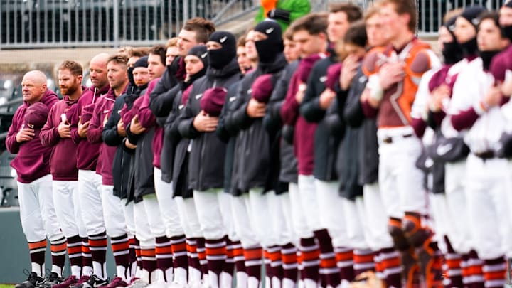 Virginia Tech baseball team during the national anthem before playing Rutgers in 2026.