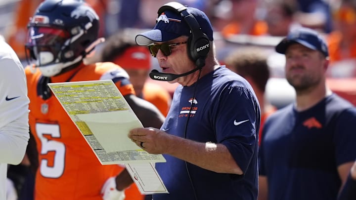 Sep 7, 2025; Denver, Colorado, USA; Denver Broncos head coach Sean Payton in the first half at Empower Field at Mile High. Mandatory Credit: Ron Chenoy-Imagn Images