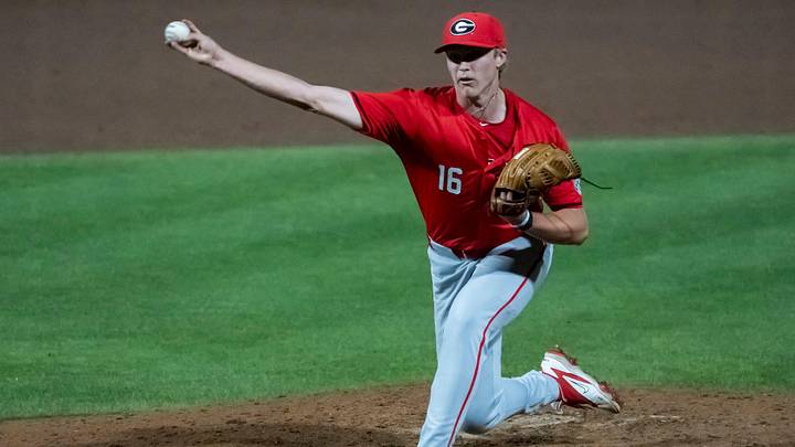Georgia Bulldog's Zach Brown (16) pitches as Auburn Tigers take on Georgia Bulldogs at Plainsman Park in Auburn, Ala. on Friday, May 15, 2026. Georgia Bulldogs defeated Auburn Tigers 9-7.