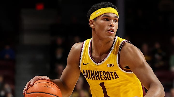 Jan 2, 2025; Minneapolis, Minnesota, USA; Minnesota Golden Gophers guard Isaac Asuma (1) dribbles the ball during the first half against the Purdue Boilermakers at Williams Arena. Mandatory Credit: Matt Krohn-Imagn Images