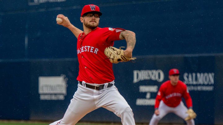 Worcester’s Chase Shugart pitches the tenth inning against Buffalo on opening day at Polar Park Tuesday.