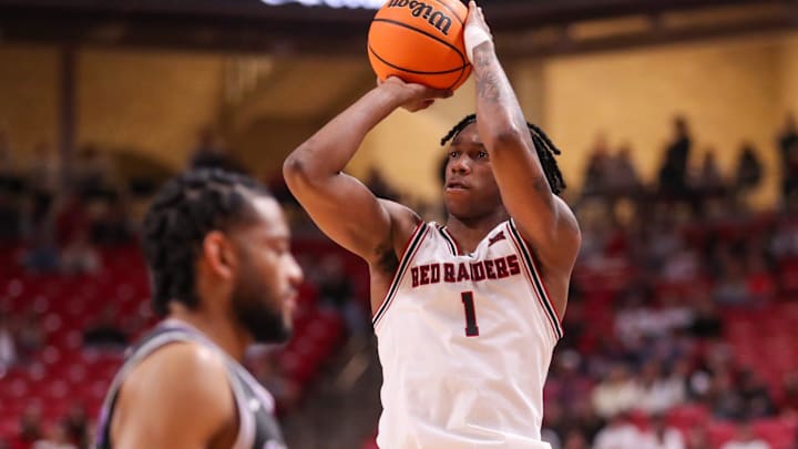 Texas Tech's Tyeree Bryan shoots a 3-pointer against Kansas State during a Big 12 Conference men's basketball game, Saturday, Feb. 21, 2026, in United Supermarkets Arena.