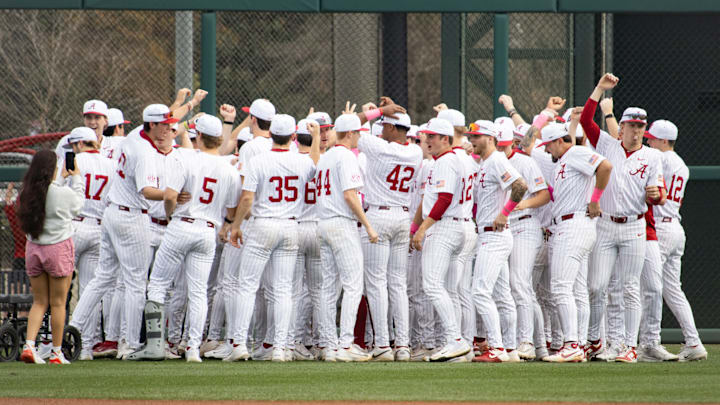 Alabama Baseball team huddles before the second game of the series against Rhode Island on Feb. 21, 2026.
