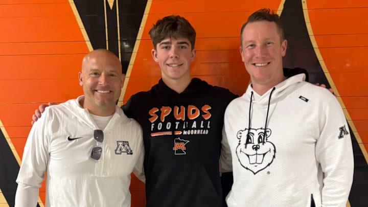 Moorhead quarterback Jett Feeney with Gophers head coach P.J. Fleck and offensive coordinator Greg Harbaugh Jr. 
