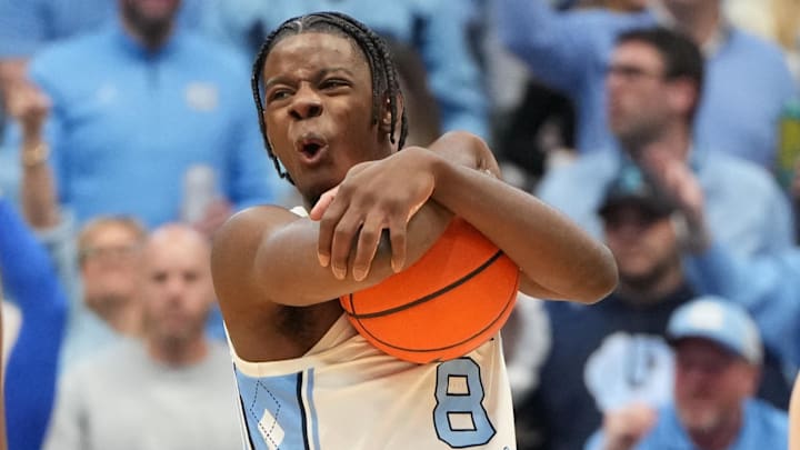 Feb 7, 2026; Chapel Hill, North Carolina, USA; North Carolina Tar Heels forward Caleb Wilson (8) reacts in the second  half at Dean E. Smith Center. Mandatory Credit: Bob Donnan-Imagn Images