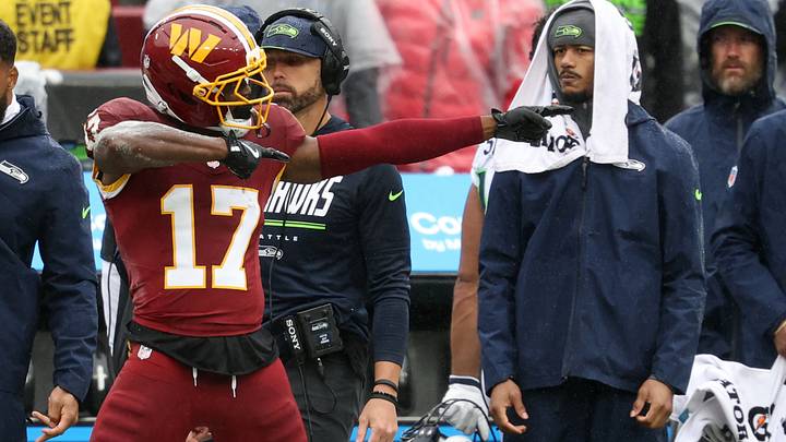 Sep 27, 2026; Landover, Maryland, USA; .Washington Commanders wide receiver Terry McLaurin (17) gestures after catching a pass against the Seattle Seahawks at Northwest Stadium. Mandatory Credit: Geoff Burke-Imagn Images