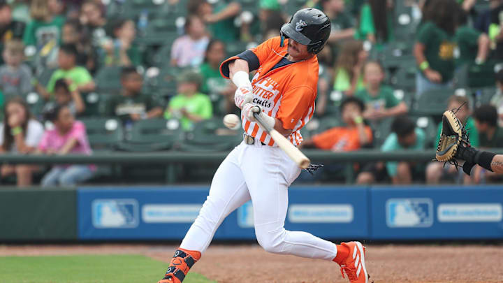 Hooks batter Jacob Melton fouls off a ball during Education Day at Whataburger Field, Wednesday, May 8, 2024, in Corpus Christi, Texas.