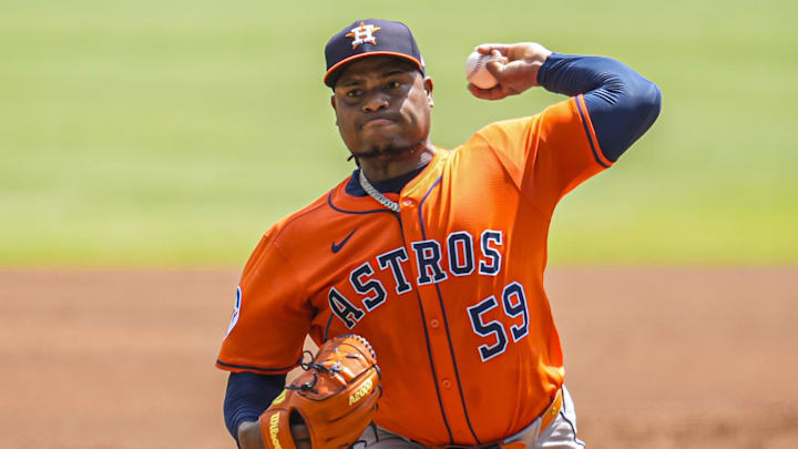 Framber Valdez of Houston Astros throws pitch from left hand