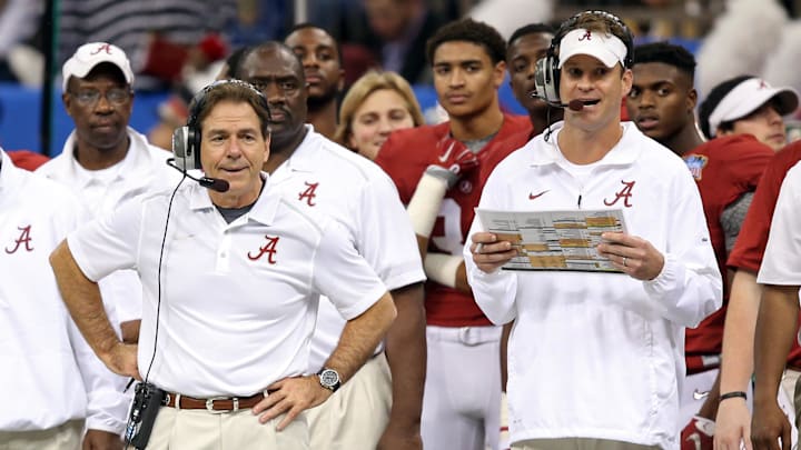 Jan 1, 2015; New Orleans, LA, USA; Alabama Crimson Tide head coach Nick Saban and offensive coordinator Lane Kiffin on the sidelines in the second quarter of the 2015 Sugar Bowl at Mercedes-Benz Superdome. Mandatory Credit: Chuck Cook-Imagn Images
