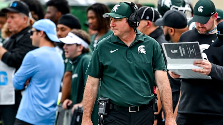 Michigan State's head coach Jonathan Smith looks on from the sideline during the second quarter in the game against Youngstown State on Saturday, Sept. 13, 2025, at Spartan Stadium in East Lansing.