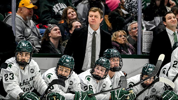 Michigan State's head coach Adam Nightingale looks on against Minnesota during the third period on Friday, Jan. 23, 2026, at Munn Ice Arena in East Lansing.