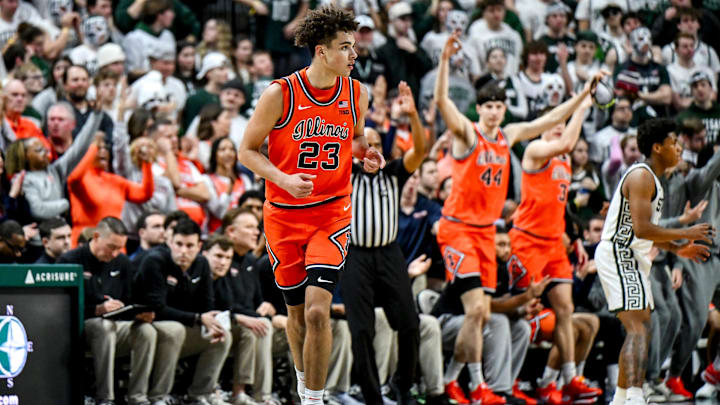 Illinois' Keaton Wagler celebrates a 3-pointer against Michigan State during the second half on Saturday, Feb. 7, 2026, at the Breslin Center in East Lansing.