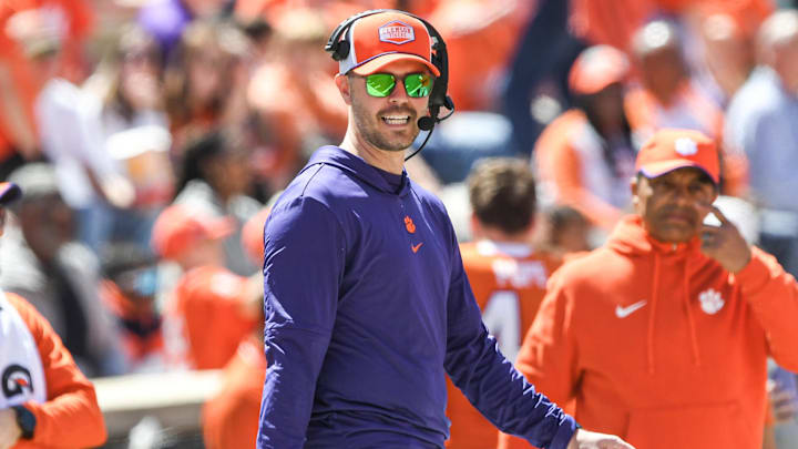 Apr 6, 2024; Clemson, South Carolina, USA; Clemson during the fourth quarter offensive coordinator Garrett Riley during the Clemson spring football game at Memorial Stadium. Mandatory Credit: Ken Ruinard-Imagn Images