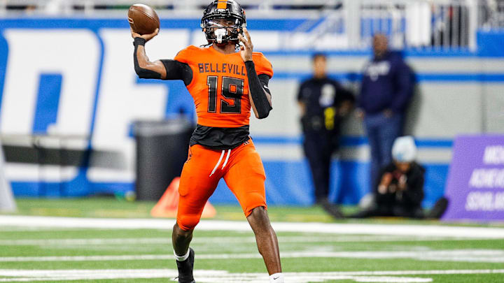 Belleville quarterback Bryce Underwood makes a pass against Southfield A&T during the first half