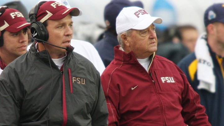 KELLY JORDAN/The Times-Union--010110--Legendary Florida State University football coach Bobby Bowden, along with new FSU head coach Jimbo Fisher watch the ofeense during his final game against West Virginia at Jacksonville Municipal Stadium for the Gator Bowl Friday January 1, 2010.(The Florida Times-Union, Kelly Jordan)

Spt 21gatorbowlbowde