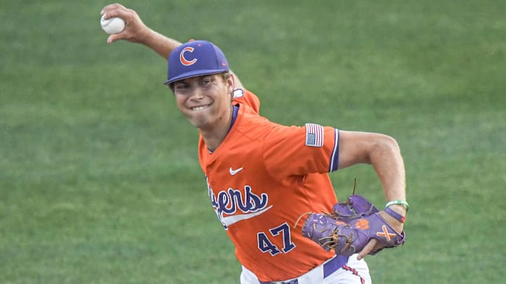 Clemson senior Lucas Mahlstedt (47) closes out the game against University of Louisville during the top of the ninth inning at Doug Kingsmore Stadum in Clemson, S.C. Friday, April 18, 2025.