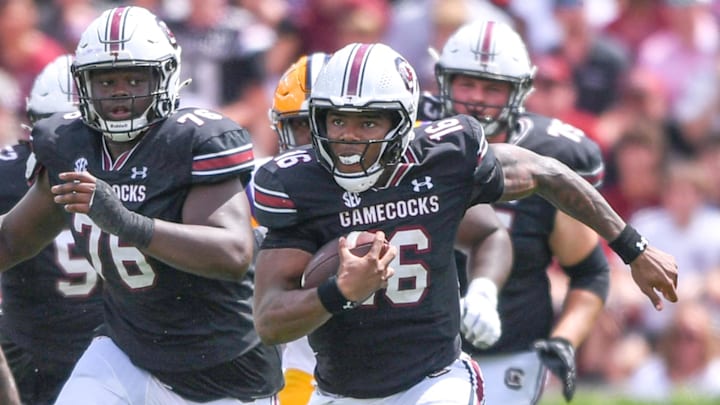 South Carolina quarterback LaNorris Sellers (16) runs against Louisiana State University during the first quarter at Williams-Brice Stadium in Columbia, S.C. Saturday, September 14, 2024.