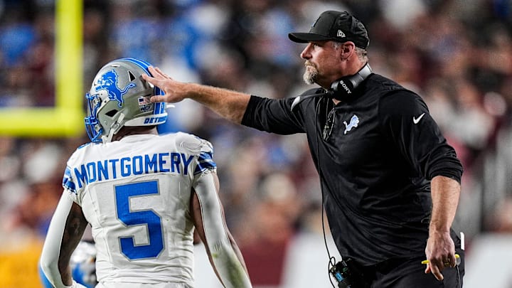 Detroit Lions head coach Dan Campbell celebrates a 2-point conversion against the Washington Commanders scored by running back David Montgomery during the first half at Northwest Stadium in Landover, Md. on Sunday, Nov. 9, 2025.