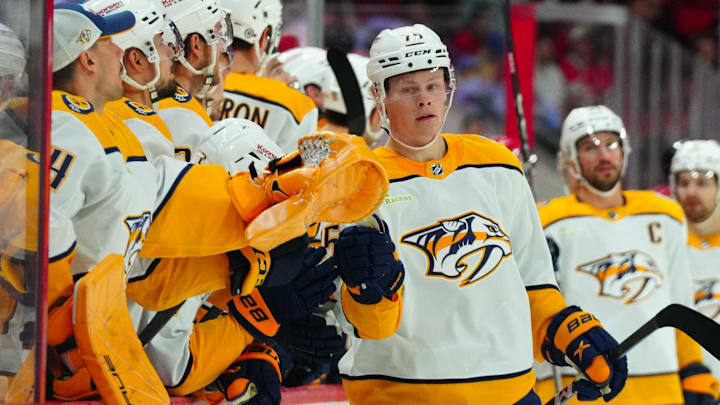 Dec 15, 2023; Raleigh, North Carolina, USA; Nashville Predators center Juuso Parssinen (75) is