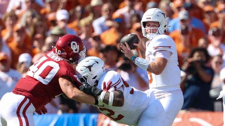 Oct 12, 2024; Dallas, Texas, USA; Texas Longhorns quarterback Quinn Ewers (3) throws during the first quarter against the Oklahoma Sooners at the Cotton Bowl. Mandatory Credit: Kevin Jairaj-Imagn Images Oct 12, 2024; Dallas, Texas, USA; Texas Longhorns quarterback Quinn Ewers (3) throws during the first quarter against the Oklahoma Sooners at the Cotton Bowl. Mandatory Credit: Kevin Jairaj-Imagn Images