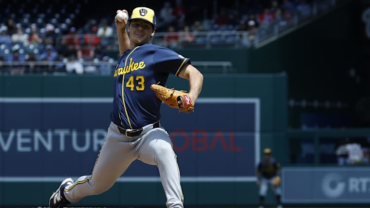 May 3, 2026; Washington, District of Columbia, USA; Milwaukee Brewers starting pitcher Logan Henderson (43) pitches against the Washington Nationals during the first inning at Nationals Park. Mandatory Credit: Geoff Burke-Imagn Images