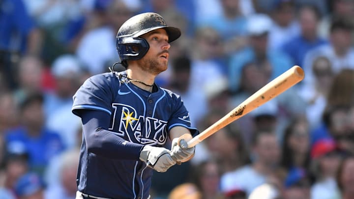 Sep 13, 2025; Chicago, Illinois, USA; Tampa Bay Rays second baseman Brandon Lowe (8) hits an RBI single against the Chicago Cubs during the sixth inning at Wrigley Field. Mandatory Credit: Patrick Gorski-Imagn Images Sep 13, 2025; Chicago, Illinois, USA; Tampa Bay Rays second baseman Brandon Lowe (8) hits an RBI single against the Chicago Cubs during the sixth inning at Wrigley Field. Mandatory Credit: Patrick Gorski-Imagn Images