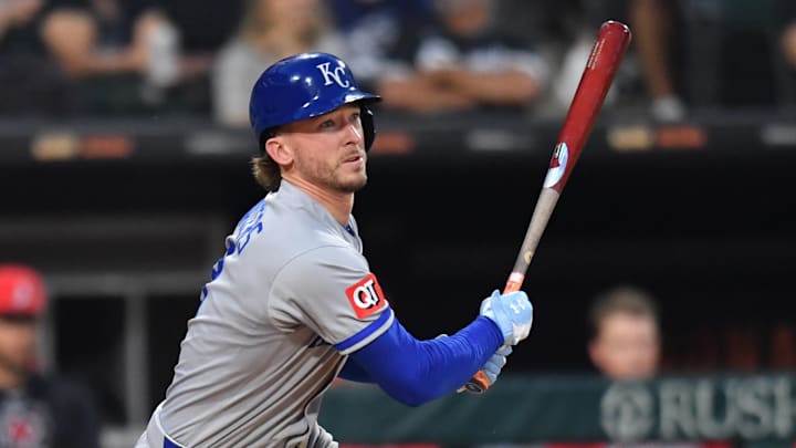 Jun 6, 2025; Chicago, Illinois, USA; Kansas City Royals outfielder Drew Waters (8) hits a single during the seventh inning against the Chicago White Sox at Rate Field. Mandatory Credit: Patrick Gorski-Imagn Images