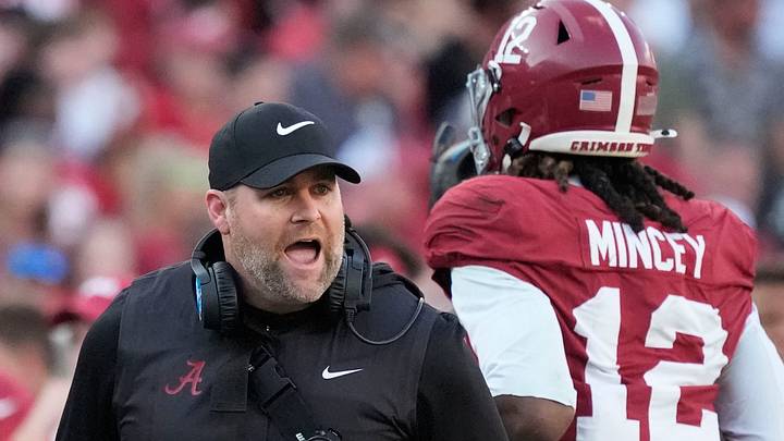 Nov 22, 2025; Tuscaloosa, Alabama, USA;  Alabama defensive coordinator Kane Wommack  yells to his defense after they force a punt by Eastern Illinois at Saban Field at Bryant-Denny Stadium. Mandatory Credit: Gary Cosby Jr.-Imagn Images