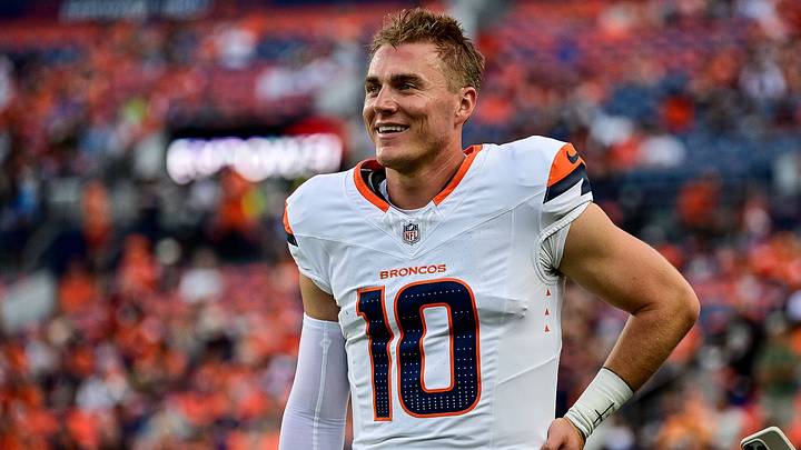 DENVER, CO - AUGUST 16: Denver Broncos quarterback Bo Nix 10 looks on. DENVER, CO - AUGUST 16: Denver Broncos quarterback Bo Nix 10 looks on.