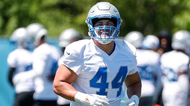 Detroit Lions linebacker Malcolm Rodriguez (44) practices during OTAs at Detroit Lions headquarters and training facility in Allen Park on Thursday, May 30, 2024. Detroit Lions linebacker Malcolm Rodriguez (44) practices during OTAs at Detroit Lions headquarters and training facility in Allen Park on Thursday, May 30, 2024.