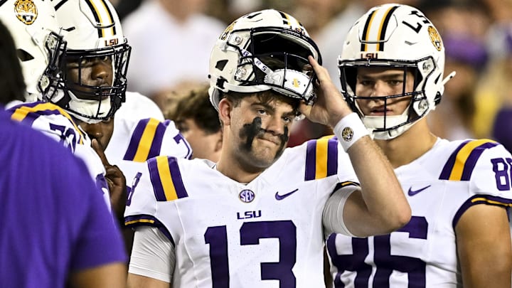 Oct 26, 2024; College Station, Texas, USA; LSU Tigers quarterback Garrett Nussmeier (13) gets ready to take the field in the first half against the Texas A&M Aggies at Kyle Field. Mandatory Credit: Maria Lysaker-Imagn Images. Oct 26, 2024; College Station, Texas, USA; LSU Tigers quarterback Garrett Nussmeier (13) gets ready to take the field in the first half against the Texas A&M Aggies at Kyle Field. Mandatory Credit: Maria Lysaker-Imagn Images.