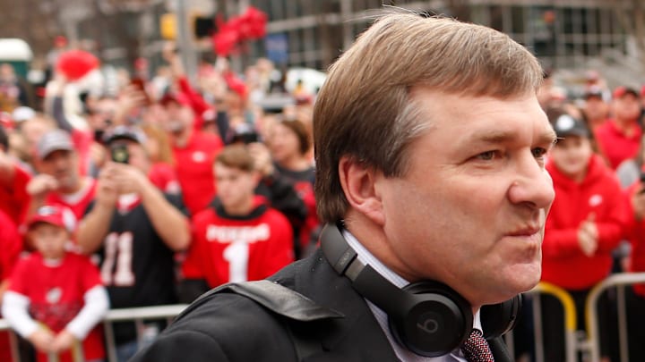 Georgia coach Kirby Smart at the Dawg Walk before an NCAA football game between Georgia and Georgia Tech on Saturday, Nov. 30, 2019, in Atlanta. [Photo/Joshua L. Jones, Athens Banner-Herald]