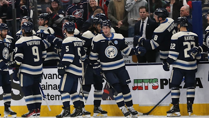 Apr 12, 2025; Columbus, Ohio, USA; Columbus Blue Jackets center Sean Monahan (23) celebrates his goal against the Washington Capitals  during the second period at Nationwide Arena. Mandatory Credit: Russell LaBounty-Imagn Images