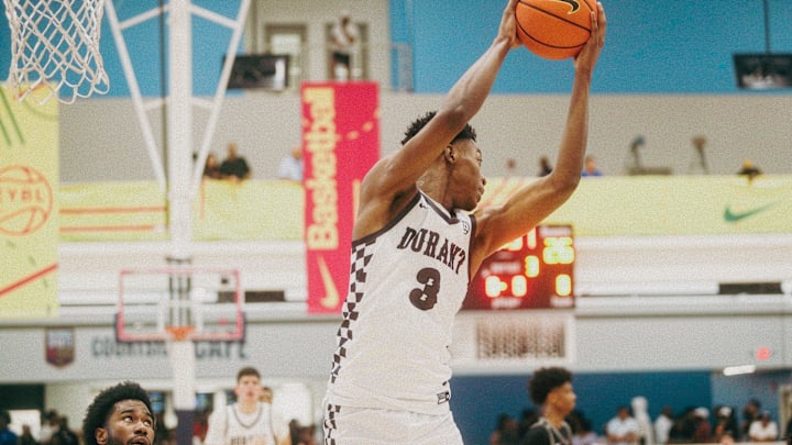 Team Durant’s Cam Ward (3) grabs a rebound during a game against Team Mokan Elite during the Nike Elite Youth Basketball League session one on Saturday, April 27, 2024 at the Memphis Sports & Event Center in Memphis, Tenn.