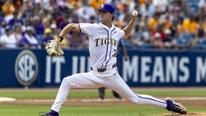 May 25, 2024; Hoover, AL, USA; LSU Tigers pitcher Kade Anderson (32) pitches against the South Carolina Gamecocks during the SEC Baseball Tournament at Hoover Metropolitan Stadium. Mandatory Credit: Vasha Hunt-Imagn Images
