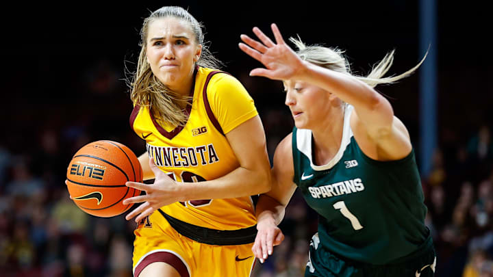 Minnesota guard Mara Braun works around Michigan State guard Tory Ozment (1) during the first half at Williams Arena in Minneapolis on Jan. 20, 2024.