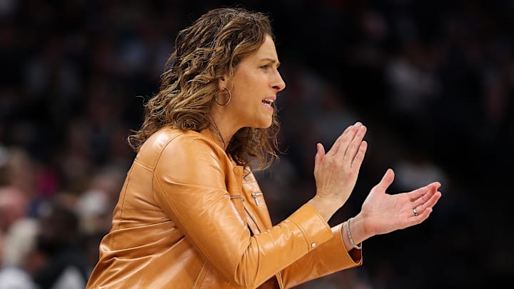 Sep 29, 2024; Minneapolis, Minnesota, USA; Connecticut Sun head coach Stephanie White looks on during the first half against the Minnesota Lynx of game one of the 2024 WNBA Semi-finals at Target Center. Mandatory Credit: Matt Krohn-Imagn Images