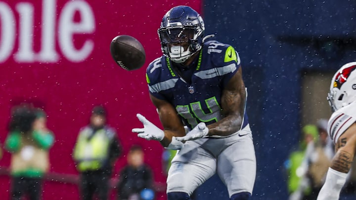 Nov 24, 2024; Seattle, Washington, USA; Seattle Seahawks wide receiver DK Metcalf (14) catches a pass against the Arizona Cardinals during the fourth quarter at Lumen Field. Mandatory Credit: Joe Nicholson-Imagn Images Nov 24, 2024; Seattle, Washington, USA; Seattle Seahawks wide receiver DK Metcalf (14) catches a pass against the Arizona Cardinals during the fourth quarter at Lumen Field. Mandatory Credit: Joe Nicholson-Imagn Images
