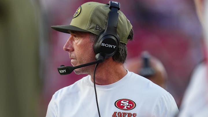 Nov 9, 2025; Santa Clara, California, USA; San Francisco 49ers head coach Kyle Shanahan looks on during the fourth quarter against the Los Angeles Rams at Levi's Stadium. Mandatory Credit: Cary Edmondson-Imagn Images