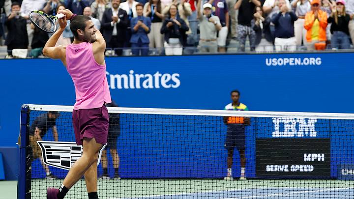 Sep 7, 2025; Flushing, NY, USA; Carlos Alcaraz celebrates after his match against Jannik Sinner in the men's singles final of the 2025 US Open tennis championships at USTA Billie Jean King National Tennis Center. Mandatory Credit: Geoff Burke-Imagn Images Sep 7, 2025; Flushing, NY, USA; Carlos Alcaraz celebrates after his match against Jannik Sinner in the men's singles final of the 2025 US Open tennis championships at USTA Billie Jean King National Tennis Center. Mandatory Credit: Geoff Burke-Imagn Images