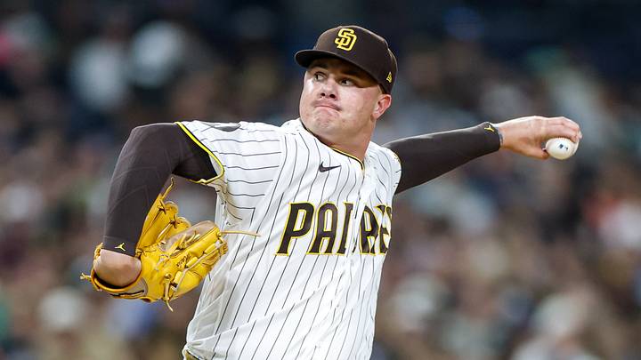 Aug 22, 2026; San Diego, California, USA;  San Diego Padres relief pitcher Adrian Morejon (50) throws a pitch during the eighth inning against the Minnesota Twins at Petco Park.  Mandatory Credit: David Frerker-Imagn Images