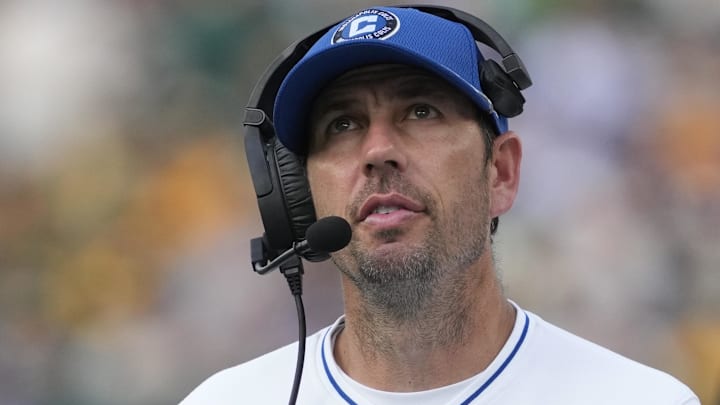 Sep 15, 2024; Green Bay, Wisconsin, USA;  Indianapolis Colts head coach Shane Steichen looks on during the fourth quarter against the Green Bay Packers at Lambeau Field. Mandatory Credit: Jeff Hanisch-Imagn Images